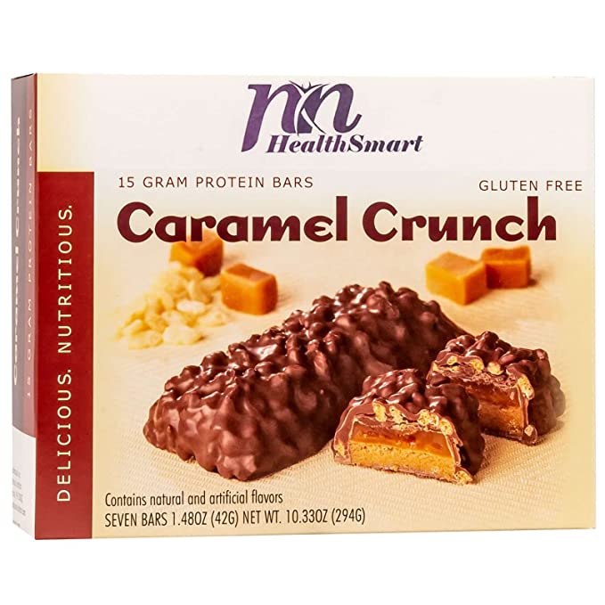  HealthSmart Caramel Crunch Protein Bars, 15g Protein, Low Calorie, Low Fat, Gluten Free, KETO Diet Friendly, Ideal Protein Compatible, 7 Count Box  - 728028175233