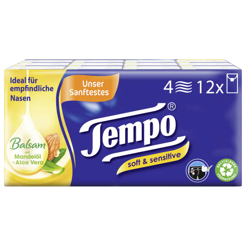 Tempo Taschentücher sanft & sensitiv Aloe Vera und Kamille 4-lagig, 12x9 Tücher - 7322540786750