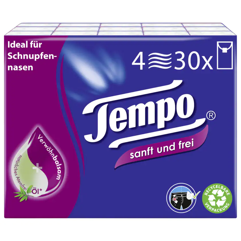 Tempo Taschentücher sanft und frei 4-lagig, 30x9 Tücher - 7322540786897