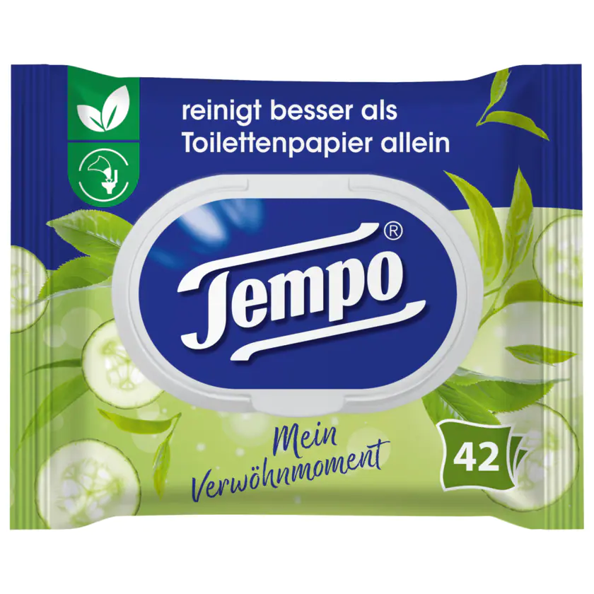 Tempo feuchte Toilettentücher Verwöhnmoment Grüner Tee & Gurke 42 Tücher - 7322540950656