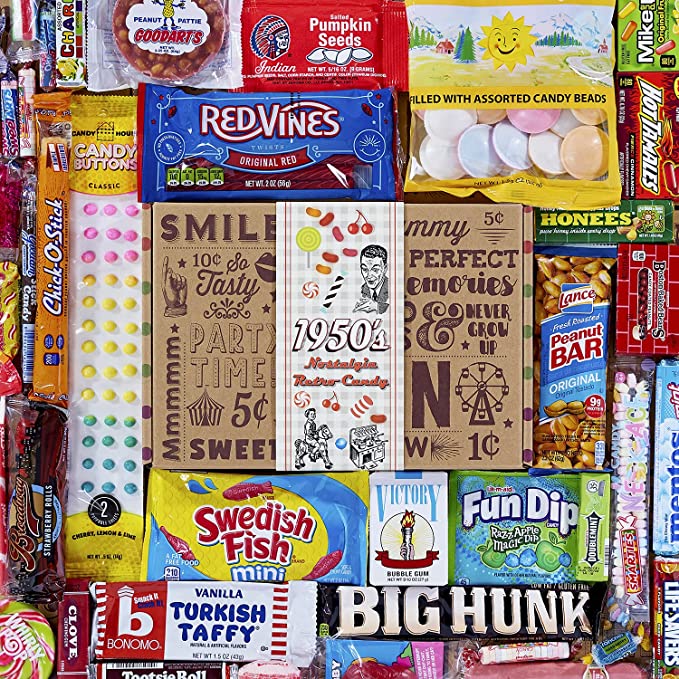  VINTAGE CANDY CO. 1950's RETRO CANDY GIFT BOX - 50s Nostalgia Candies - Throwback FIFTIES Fun Gag Gift Basket - PERFECT '50s Candies For Adults, College Students, Men or Women, Kids, Teens  - 732773732146