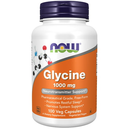 NOW Supplements Glycine 1 000 mg Free-Form Neurotransmitter Support* 100 Veg Capsules - 733739001078