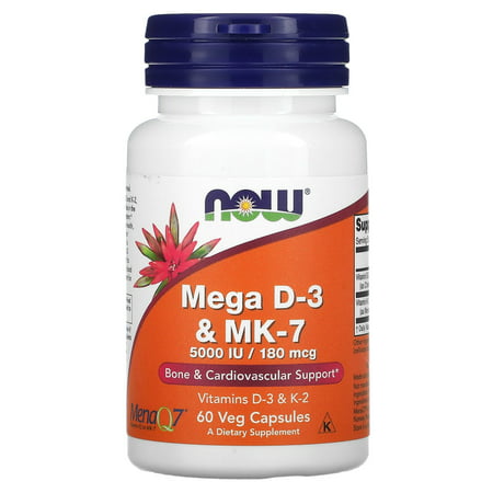 Mega D-3 & MK-7 180 mcg (5 000 IU) 60 Veg Capsules NOW Foods - 733739003843