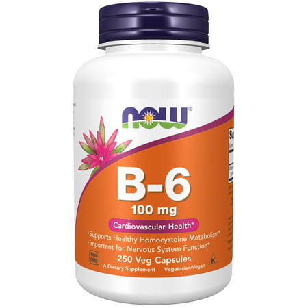 NOW Supplements Vitamin B-6 (Pyridoxine HCl) 100 mg Cardiovascular Health* 250 Veg Capsules - 733739004581