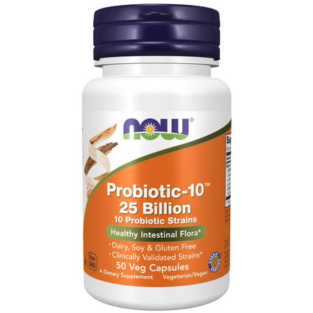NOW Supplements Probiotic-10™ 25 Billion with 10 Probiotic Strains Dairy Soy and Gluten Free Strain Verified 50 Veg Capsules - 733739029263