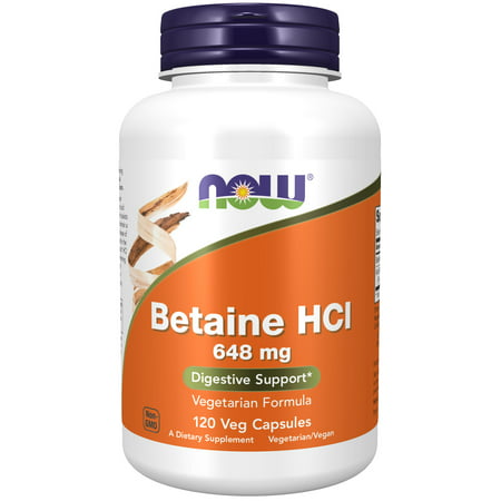 NOW Supplements Betaine HCl 648 mg Vegetarian Formula Digestive Support* 120 Veg Capsules - 733739029386