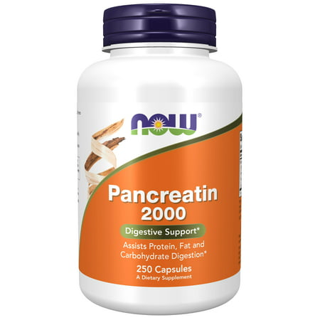 NOW Supplements Pancreatin 2000 with naturally occurring Protease (Protein Digesting) Amylase (Carbohydrate Digesting) and Lipase (Fat Digesting) Enzymes 250 Capsules - 733739029461