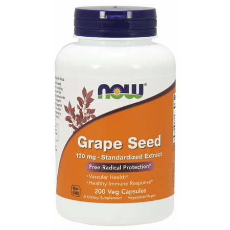 NOW Supplements Grape Seed 100 mg - Standardized Extract Highly Concentrated Extract with a Minimum of 90% Polyphenols with Vitamin C 200 Veg Capsules - 733739032492