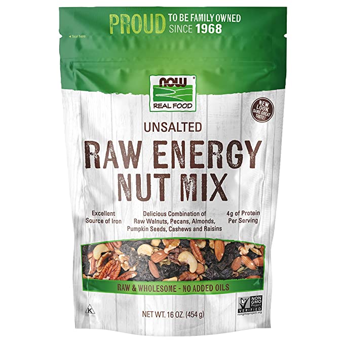  NOW Foods, Raw Energy Nut Mix, Unsalted Mix of Raisins, Walnuts, Peacans, Almonds, Pumpkin Seeds and Cashews, Great-Tasting, Source of Iron, 16-Ounce (Packaging May Vary)  - 733739070302