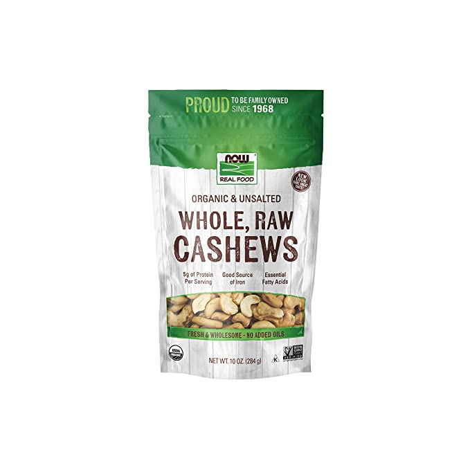  NOW Foods, Certified Organic Cashews, Whole, Raw and Unsalted, Rich Buttery Flavor, Source of Fiber, Protein and Iron, Certified Non-GMO, 10-Ounce (Packaging May Vary)  - 733739070661