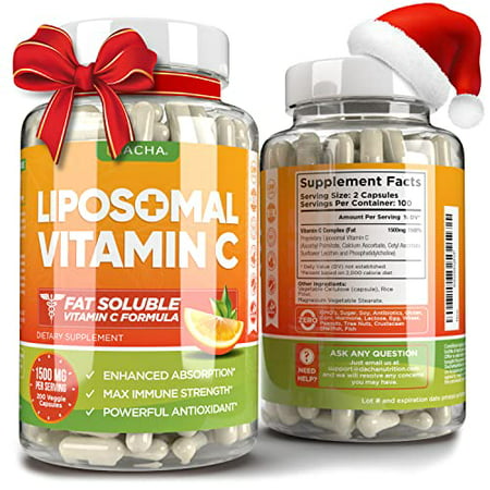 Natural Liposomal Vitamin C - Immune System & Collagen Booster High Absorption Fat Soluble VIT C Buffered 1200mg Anti Aging Skin Vitamins Anti Inflammatory Sunflower Lecithin - 735424999646