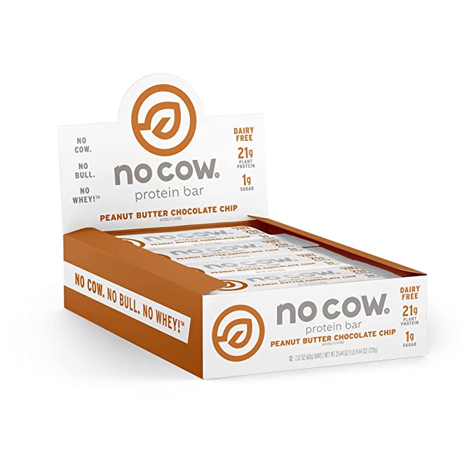  No Cow High Protein Bars, Peanut Butter Chocolate Chip, 21g Plant Based Vegan Protein, Keto, Low Sugar, Low Carb, Low Calorie, Gluten Free, Naturally Sweetened, Dairy Free, Non GMO, Kosher, 12 Pack  - 852346005078