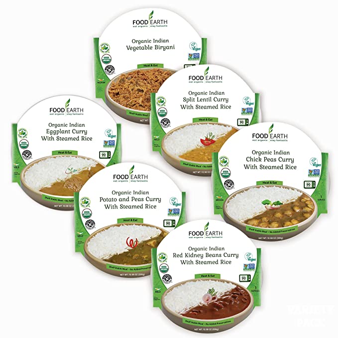  Food Earth - Indian Ready to Eat Meals, 6-Flavor Variety Pack, Packaged Indian Food, Pre-prepared Healthy Microwaveable Meals, Pack of 6  - 736542125351