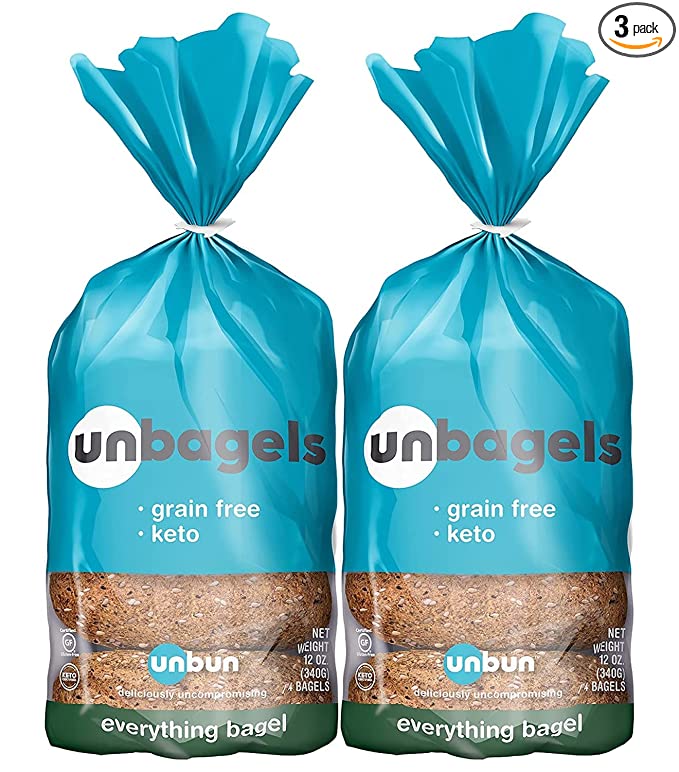  Unbun Plain Bagels - Gluten Free, Keto, Grain Free, Paleo Bagels - 5g Low Net Carb, 10g Protein Bagel - Healthy Baked Food for All Diets Made w/ Natural Ingredients - 4 Bagels per Bag (Pack of 3)  - 736542128796