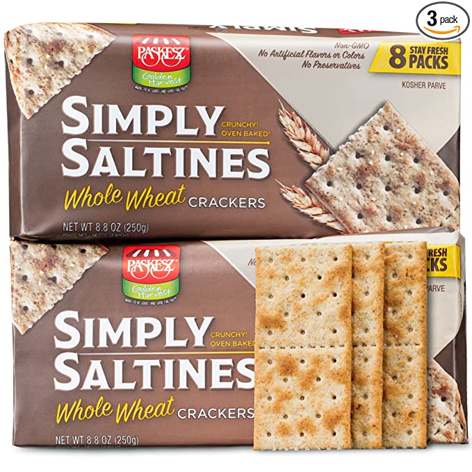  Paskesz Simply Saltines Crackers - Whole Wheat Saltine Crackers - Light and Crispy Oven-Baked Soup Crackers, Ready to Dip, Non-GMO, 8.8 Ounce - Pack of 3 - 736704518137