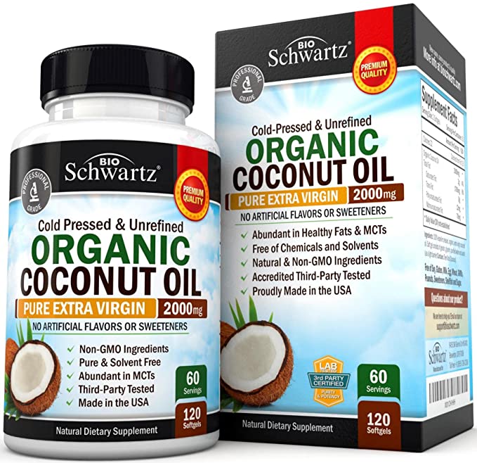  Coconut Oil Capsules 2000mg - Organic Pure Extra Virgin Unrefined Cold Pressed & Non-GMO for Healthy Skin Nails Weight Loss Hair Growth Brain Health Bloat Blood Pressure Anti Aging Digestion - 120ct  - 794168565777