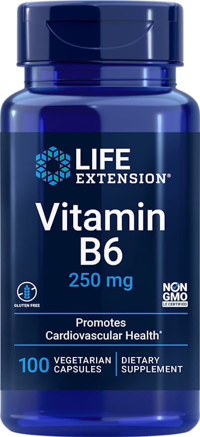  Life Extension Vitamin B6 250 mg – Glucose & Blood Sugar Supplement – For Cardiovascular & Neurological Health and Kidney & Eye Health - Gluten-Free, Non-GMO – 100 Vegetarian Capsules  - 737870153511