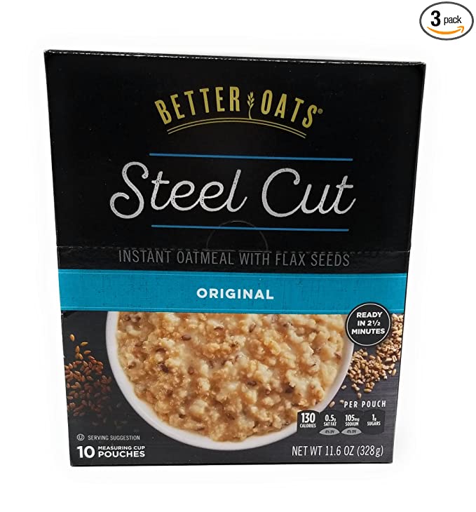 Better Oats Original Steel Cut Instant Oatmeal with Flax - 3 Pack with 10 pouches each - 737989256691