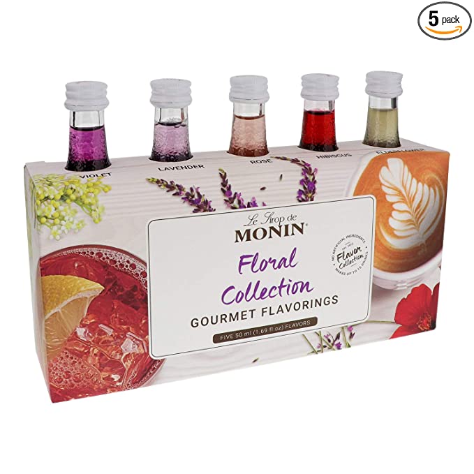  Monin - Gourmet Flavorings Floral Collection, Great for Cocktails, Lemonades, Teas, & Sodas, Gluten-Free, Dairy-Free, (Violet, Lavender, Rose, Hibiscus, & Elderflower) | 50 ml Per Bottle  - 738337891427