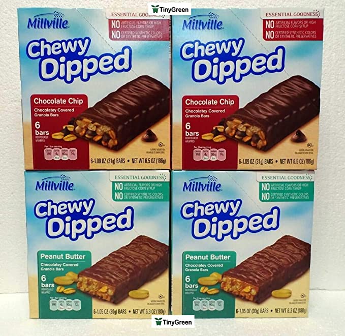 Millville Chewy Dipped Two Flavors Chocolaty Covered Granola Bars Combo Bundle 6.3oz 180g (Pack of Four) - 738577878202