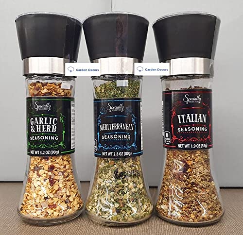  Specially Selected Gourmet Seasoning Grinders Assorted Varieties Garlic & Herb, Mediterranean, Italian 3.2oz 90g (Three Bottles)  - 738577881042