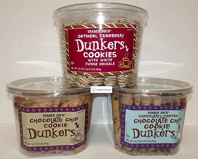 Trader Joe’s Dunkers Oatmeal Cranberry Cookies, Chocolate Chip Cookie, Chocolatey Coated Chocolate Chip Cookie (Three Containers) - 738577885651