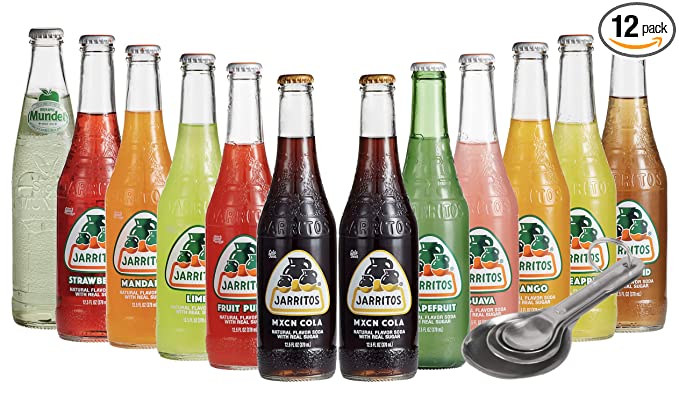  [11 Flavor, Pack of 12] [Free Measuring Spoon] Jarritos Mexican All Natural Fruit Flavored Soda Soft Drink, Glass Variety Pack, 