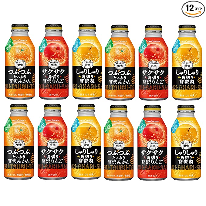  [Pack of 12] Pokka Sapporo Lots of Pulp Series, High Ranking Japanese Fruit Nectar Drink Variety Pack (Apple, Mandarin, Pear), Extremely Japanese Popular Drinks つぶたっぷり贅沢みかんボトル缶, サクサク角切り贅沢りんごボトル缶, しゃりしゃり角切り贅沢梨ボトル缶 - 14.1 Fl Oz  - 738705034340