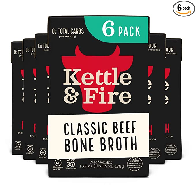 Beef Bone Broth Soup - Organic, Grass Fed, Bone Broth Collagen Protein (10g) - Perfect for Intermittent Fasting, Low Carb, Keto, Paleo, Whole 30 Approved Diets - Gluten Free -16.9 fl oz, Pack of 6 - 741187915205