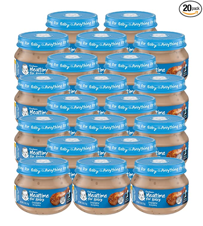  Gerber Mealtime for Baby 2nd Foods Baby Food Jar, Chicken & Gravy, Non-GMO Pureed Baby Food with Essential Nutrients, 2.5-Ounce Glass Jar (Pack of 20 Jars)  - 741533906093