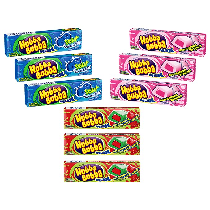  Hubba Bubba Max Bubble Gum - Variety Pack 3 Flavors (Total of 9 Packs of Gum) - Sour Blue Raspberry Bubble Gum - Strawberry Watermelon Bubble Gum - Outrageous Original Bubble Gum - 3 Packs of Each Juicy Flavor - 9 Packs of Gum in total - Fresh Candy - Pa - 742779935762