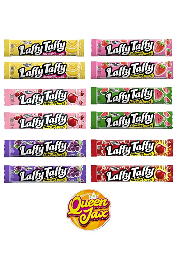  Laffy Taffy Variety Pack - 6 Flavor Mix - Pack of 12 - 2 of Each Flavor - Stretchy & Tangy - 1.5 oz each - Individually Wrapped Candy - Banana, Grape, Sparkle Cherry, Strawberry, Cherry & Watermelon - With Queen Jax Refrigerator Magnet  - 742779935809