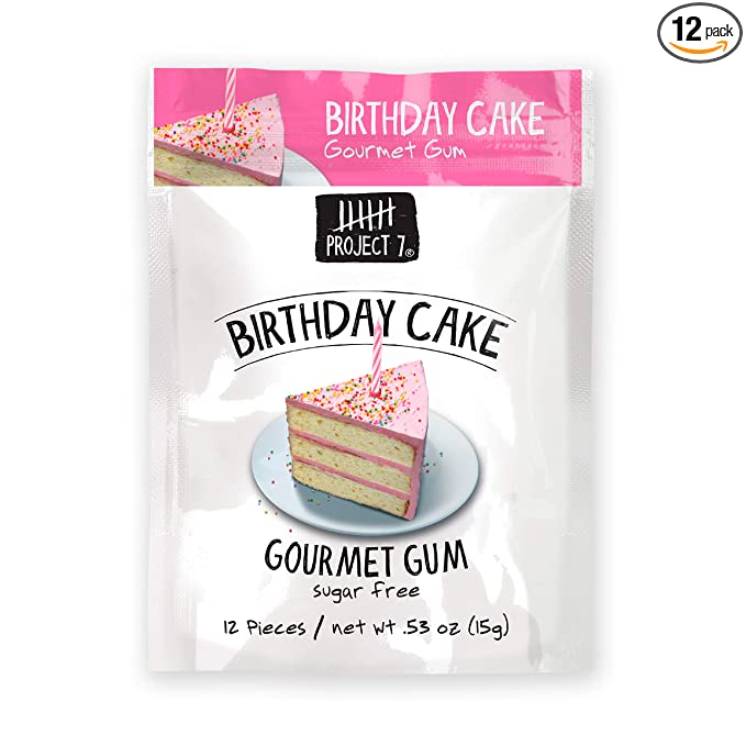  Project 7 Sugar Free Gum | Long Lasting Gourmet Bubble Gum | Low Carb & Low Calorie Chewing Gum | 12 Packs (144 Pieces) - Birthday Cake  - 743062462675