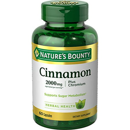Nature's Bounty Cinnamon Pills and Chromium Herbal Health Supplement, Promotes Sugar Metabolism and Heart Health, 2000g, 60 Capsules - 743121506166