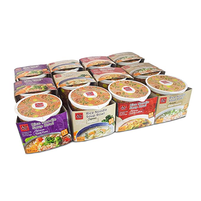  ASIAN MEALS TRULY ASIAN! Rice Noodles Assorted Packs (Mix Bundle, Pack of 12) Tom Yum, Curry Laksa, Garlic Sesame, Japanese Paitan, Tori Dashi Broth, Pantry Staple, Healthy Noodles 3.8oz each  - 745202141563