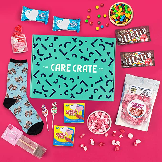  Valentine's Day Care Package The Care Crate Co. ( 20 Piece Variety Pack Snack Box and Gift Basket ) Cards, Popcorn, Candy, Cookies, Gummies, Peanuts, Chocolate, Socks  - 745559999206