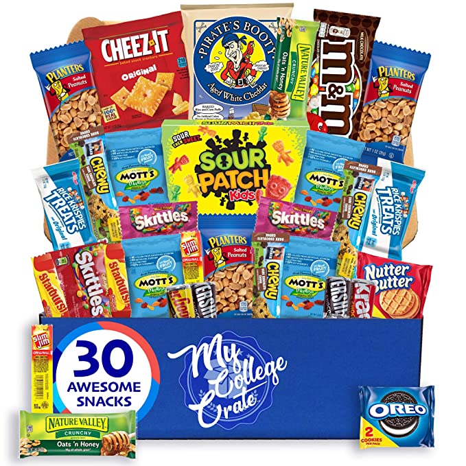  Small College Snack Box (31 Item Care Package) Candy, Peanuts, Chocolate, Popcorn, Cookies, Chips, Gummy Snacks - My College Crate  - 745559999367