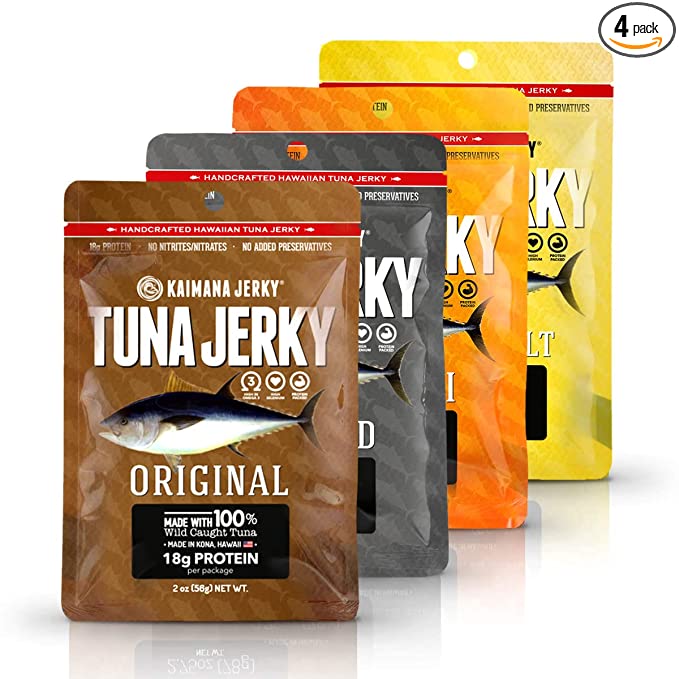  Kaimana Jerky Ahi Tuna 4 Pack Variety Bundle - All Natural & Wild Caught Tuna Jerky. Made in USA. 18g Protein & Good Source Of Omega-3's  - 746033202386