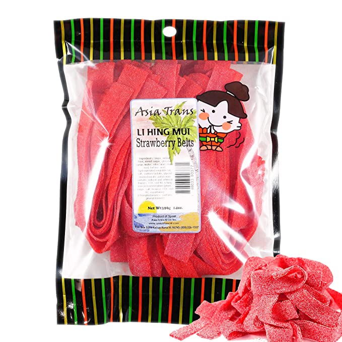  Li Hing Mui Strawberry Belts 14 Ounce - Packed Fresh in Hawaii. Sweet and Tart strawberry belt candy sprinkled with Li Hing Mui Plum powder.  - 746033903771