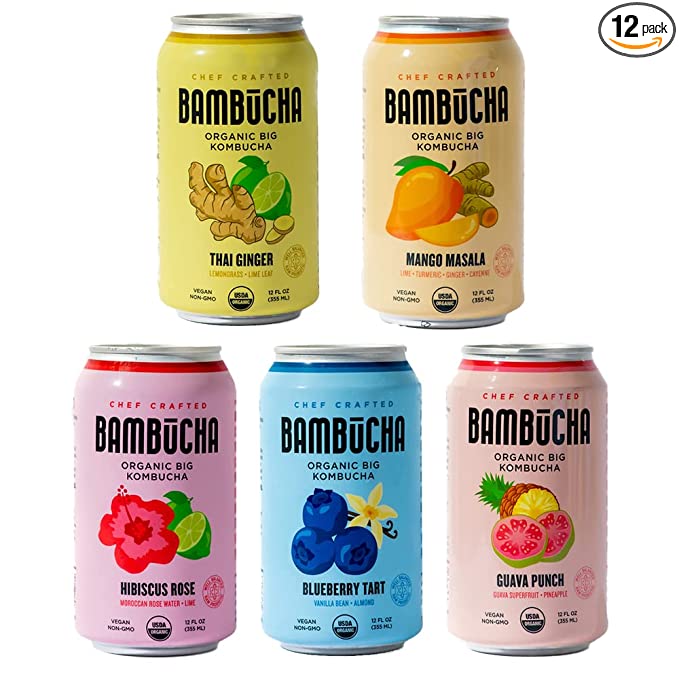  Bambucha Kombucha Variety 12 Pack Case | Chef Crafted Flavors, 100% Raw Kombucha Live Cultured Tea Drink | Organic, Vegan, Gluten Free, Non GMO, Probiotic (12 Fl Oz Cans)  - 747492050303