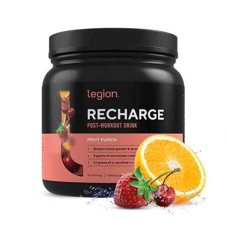 Legion Recharge Post Workout Supplement - All Natural Muscle Builder & Recovery Drink with Creatine Monohydrate. Naturally Sweetened & Flavored, Safe & Healthy. Fruit Punch, 60 Servings - 748252612809