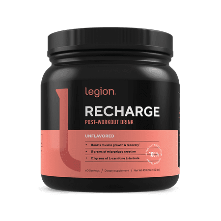 Legion Recharge Post Workout Supplement - All Natural Muscle Builder & Recovery Drink with Creatine Monohydrate. Naturally Sweetened & Flavored, Safe & Healthy. Unflavored, 60 Servings. - 748252613202