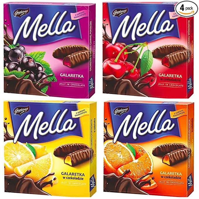 Jutrzenka MELLA Chocolate Coated Jelly Variety Pack of 4 x 6.7 oz. ORANGE, LEMON, CHERRY & BLACKCURRANT. Product of Poland. - 748515641546