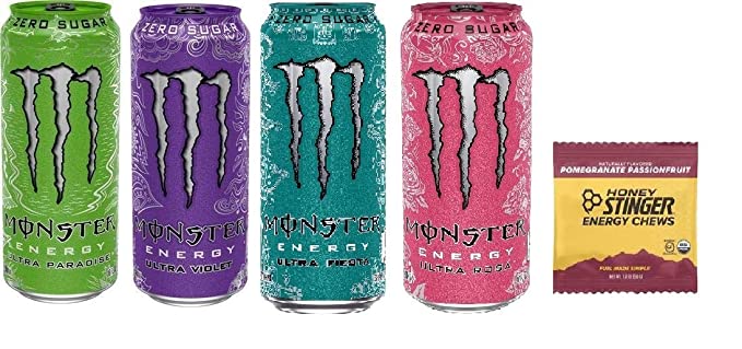  Monster Energy Drink Zero Ultra Variety - Paradise, Violet, Rosa, Fiesta 16 ounce (Pack of 16) and Stinger Pomegranate Passionfruit Chews  - 749004113346