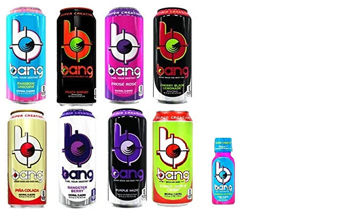  VPX Bang Sampler - Unicorn, Peach Mango. Frose Rose, Cherry Blade Lemonade, Pina Colada, Bangster, Purple Haze, Candy Crisp Apple (Pack of 8) and Bang Unicorn Shot 3fl.oz  - 749004114817