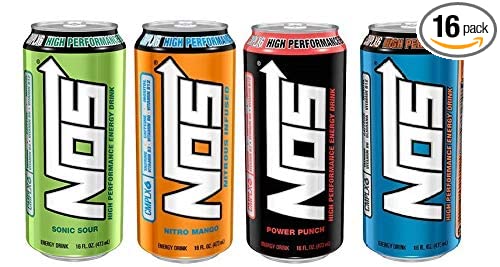 NOS High Performance Energy Drink Variety - Sonic Sour, Nitro Mango, Power Punch, Original - 16fl.oz. (Pack of 16) - 749004114824