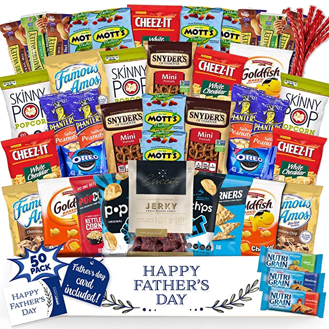  Fathers Day Gift Basket Gift For Dad Care Package (50 Count)Ultimate Men's box Sampler Bars,Beef Jerkey, Cookies, Chips, Candy Snacks Variety Box Pack Office Friends Family Military Treats  - 749403997141
