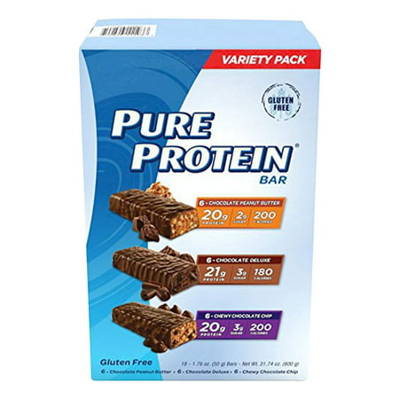 Pure Protein Bars, High Protein, Nutritious Snacks to Support Energy, Low Sugar, Gluten Free, Variety Pack, 1.76oz, 18 Pack - 749826256450