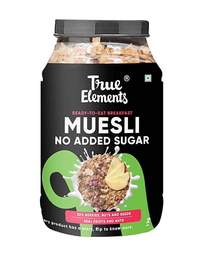 True Elements Muesli Sugar Free 1kg - Packed with 13.5g Plant Protein | Breakfast Cereal | No Added Sugar - 750958739865