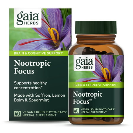 Gaia Herbs Nootropic Focus - Brain & Cognitive Support Supplement to Help Maintain Healthy Concentration* - With Saffron Lemon Balm & Spearmint - 40 Liquid Phyto-Capsules (Up to 20-Day Supply) - 751063150811